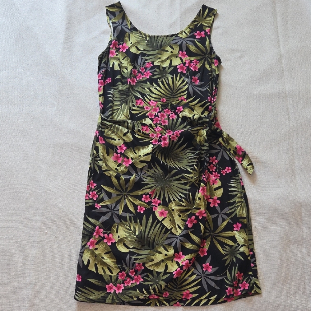 Vtg La Cabana Black Pink Floral Tropical Print Hawaiian Cruise Wrap Dress Size S
